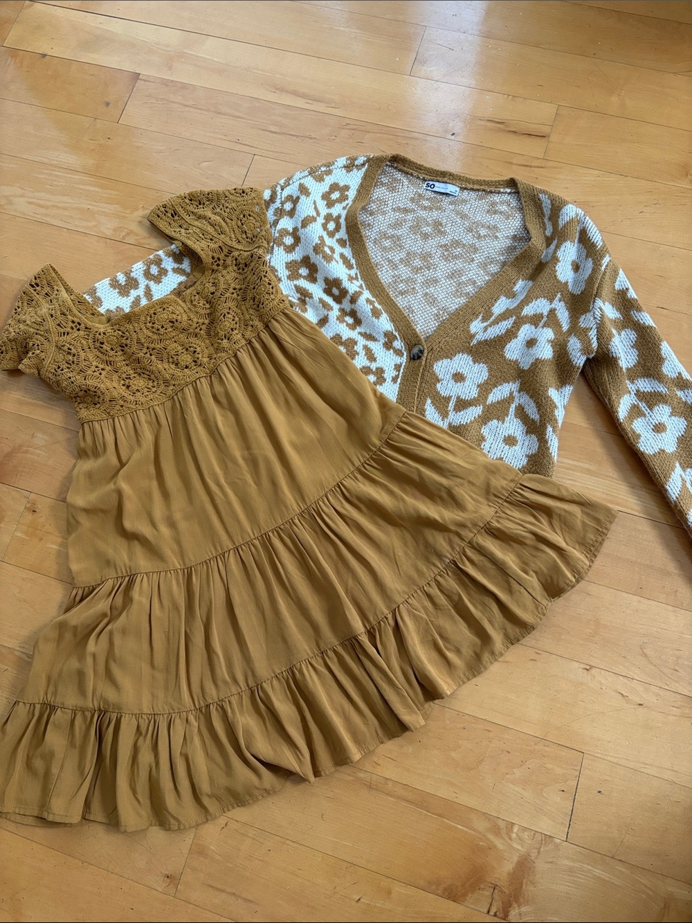 The cutest fall set Floral Knit Cardigan and Crochet Tiered Dress Set - Mustard